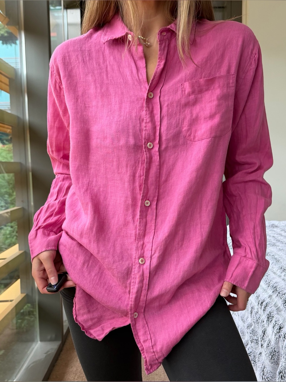 Desmond & Dempsey Pink Linen Button Down Top